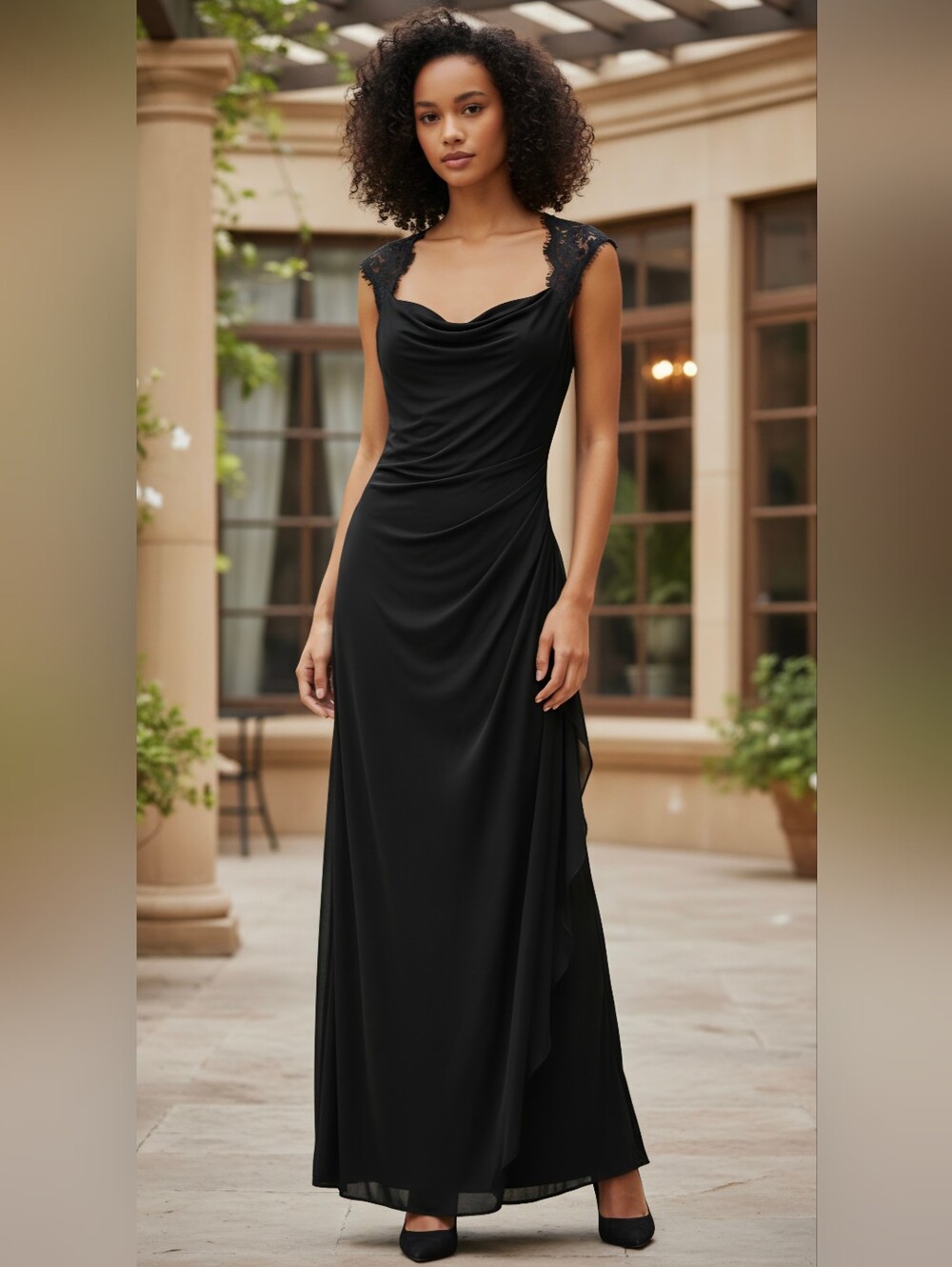 Scarlett Black Lace-Cap Cowl Neck Maxi Dress